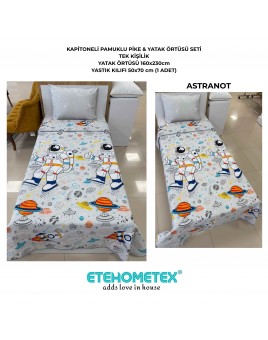 ETEHOMETEX Pamuklu Kapitoneli Yatak Örtüsü Seti TEK KİŞİLİK ASTRANOT GRİ 8696474232103